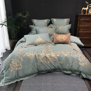 

Luxury Gold Embroidery 100% Linen Cotton Comfortable Bedding Set Green Violet Brown Duvet Cover Bed sheet Bed Linen Pillowcases