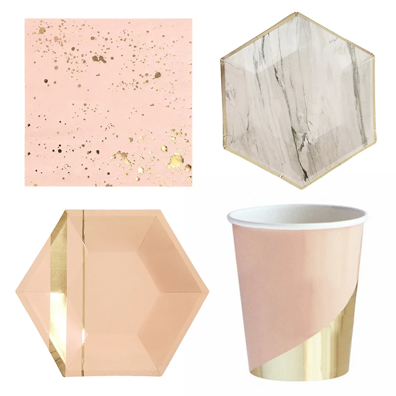 8/20Pcs European style party gold stamping plate birthday party disposable Marble Texture  tableware Plates Set