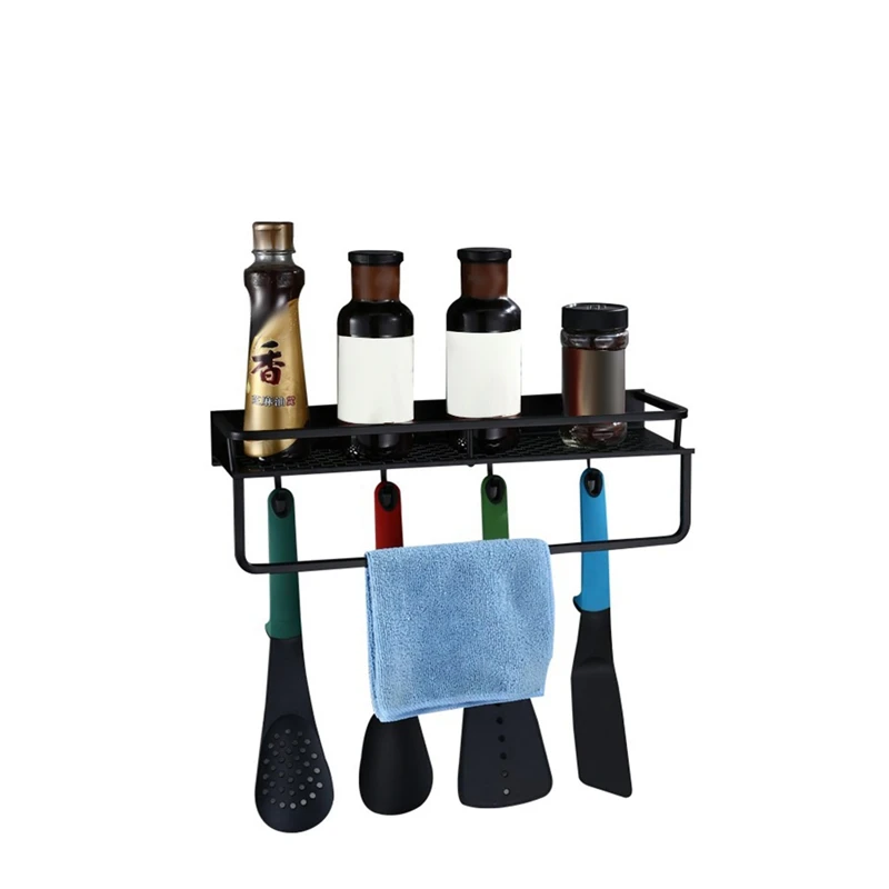 

Wall Mounted Black Kitchen Pantry Rack Shelf Cookware Storage Organizer With Bar And 6 Hooks Accessory