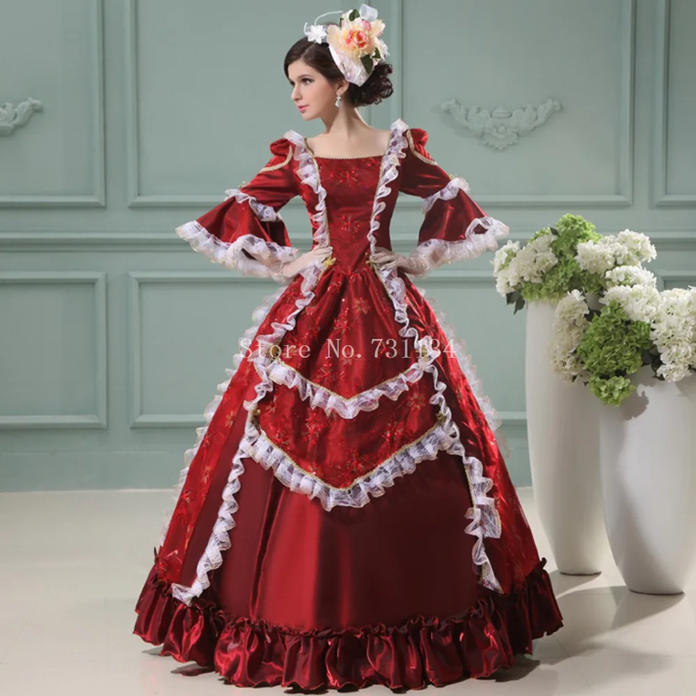 Лидер продаж, платье принцессы Marie Antoinette, красное вино, цветочный принт, Ренессанс Корт, кружевное платье принцессы, костюмы периода для женщин