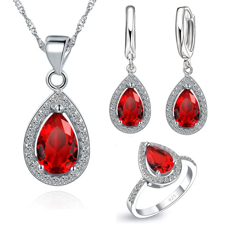 Women's 925 Sterling Silver CZ Stone Jewelry Set Red