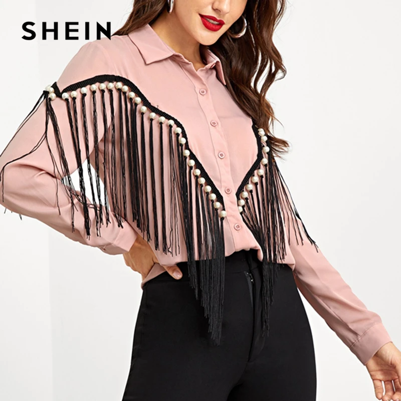 SHEIN Pink Contrast Fringe Embellished Curved Hem Blouse Elegant Pearls Button Beaded Blouses Women Autumn Workwear Shirt Tops