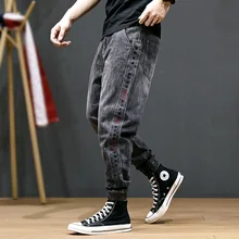 Японский стиль, модные мужские джинсы, серый цвет, свободный крой, большой размер 28-42, Slack Bottom Jogger, джинсы, мужская полосатая нашивка, шаровары