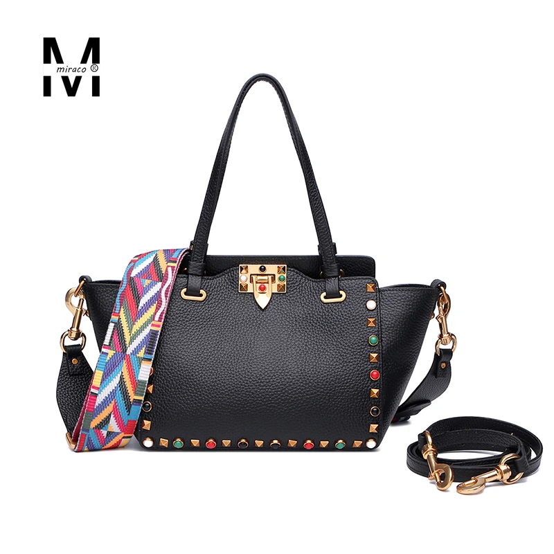 2016 Ladies New Multicolour wide strap rivet shopping bag real genuine leather handbag for women trapeze