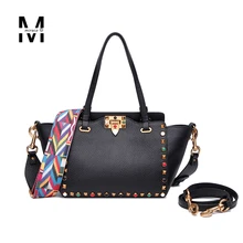 2016 Ladies New Multicolour wide strap rivet shopping bag real genuine leather handbag for women trapeze
