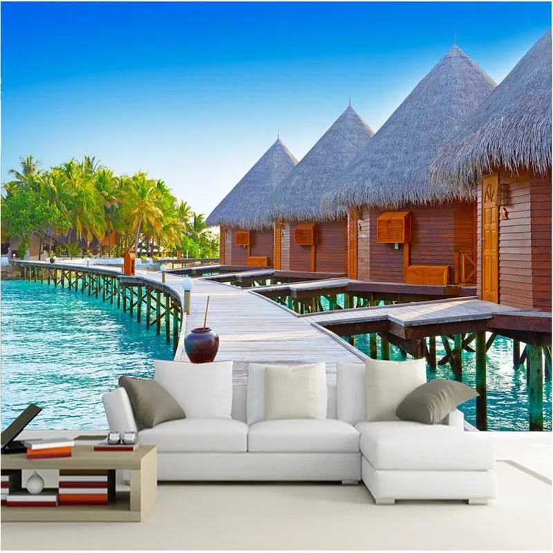 wall-paper-3d-mural-decor-photo-backdrop-photography-3D-stereo-Wooden-beach-huts-living-room-hotel