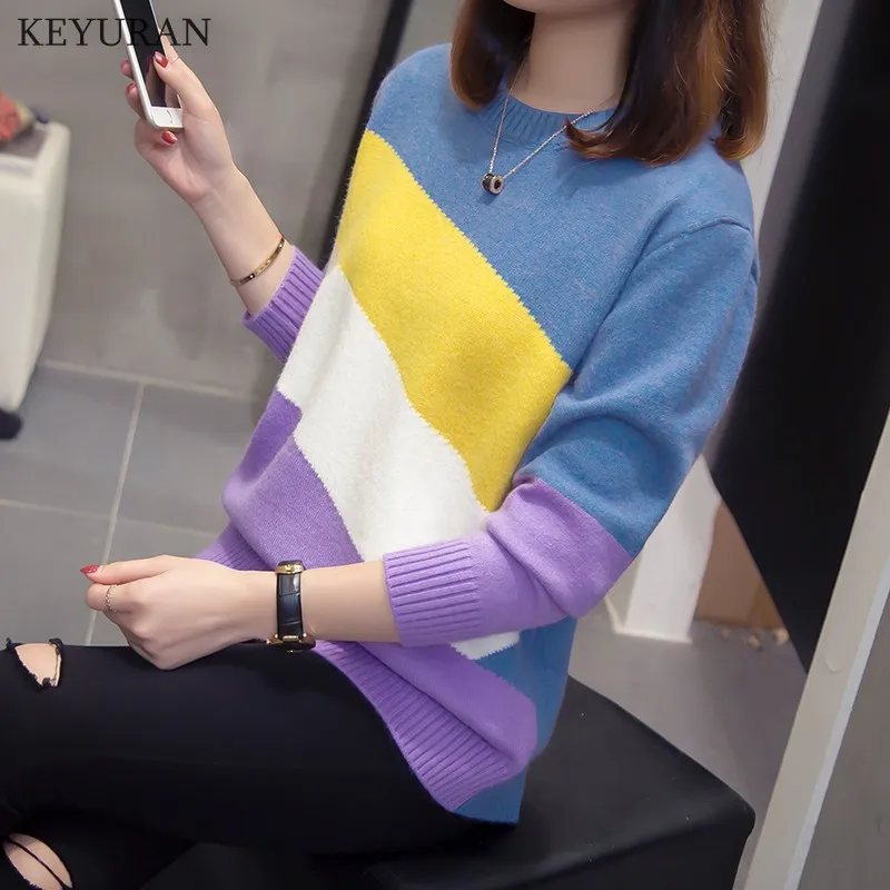 

Oversize 4XL Autumn Winter Sweater Women Contrast Color Pullover Jumper Long Sleeve O-Neck Knitted Tops Outwear Pull Femme L3683