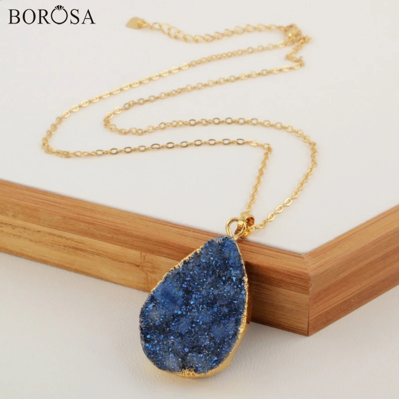 

BOROSA Daily Gold-color Teardrop Mixed Colors Silver Titanium Druzy Pendant Necklace Dropship