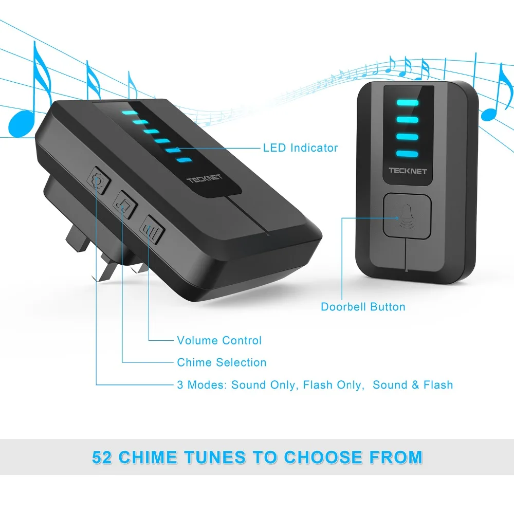 Tecknet Twin Wireless Doorbell 300 Meters Range UK Plug Cordless Door Bell Chime Kit Home Smart with 52 Chimes 4 Volume Levels Tecknet Twin Wireless Doorbell 300 Meters Range UK Plug Cordless Door Bell Chime Kit Home Smart with 52 Chimes 4 Volume Levels