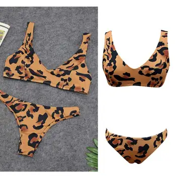 

Women's Leopard Printed Bikni Swimsuit Thong Cheeky 2 Pcs Bathing Suit Swimwear Set Triangle Bottom Padded Top Sexy Beachwear