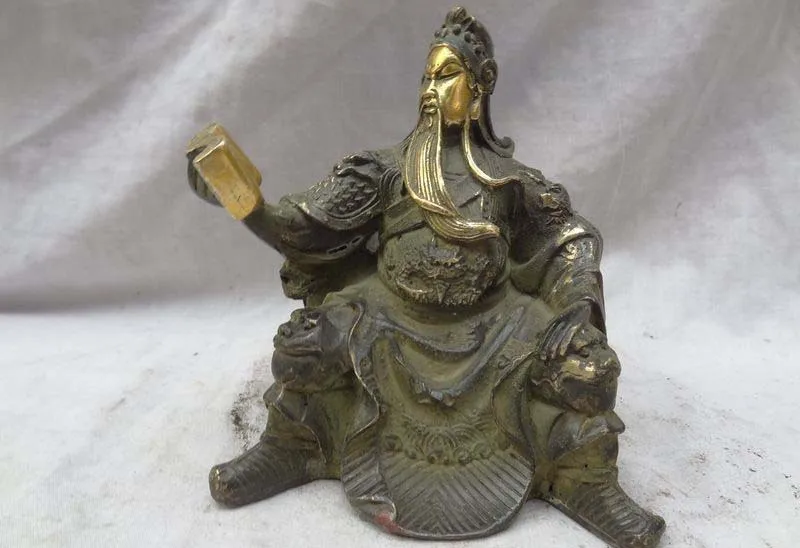 

China Bronze Gilt Dragon Warrior GuanGong GuanYu God Hero Statue FREE SHIPPING