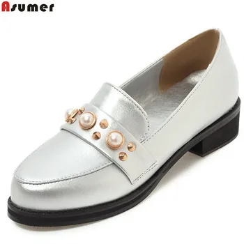 

ASUMER black white silver fashion spring autumn shoes woman round toe casual square heel low heels shoes big size 33-46