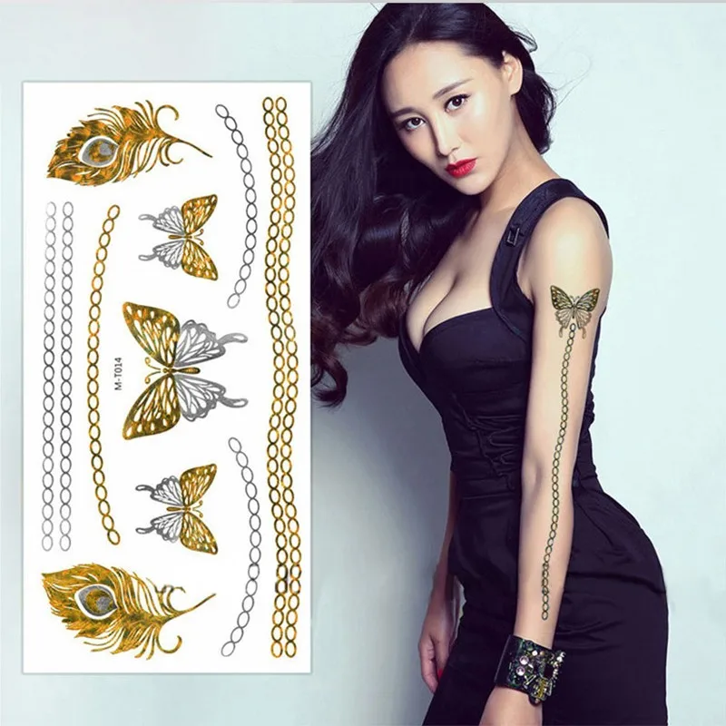 8 Sheets Flash Tattoo Gold Temporary Tattoos Glitter Stickers Sexy Products Paper For Women&Men Body Art tatuagem metalica (9)