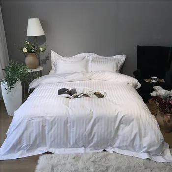 

4pc Super Luxury 5 stars hotel bedding sets 100% egypt cotton 100S sateen bed linen king size white bed sheets queen 2cm stripe