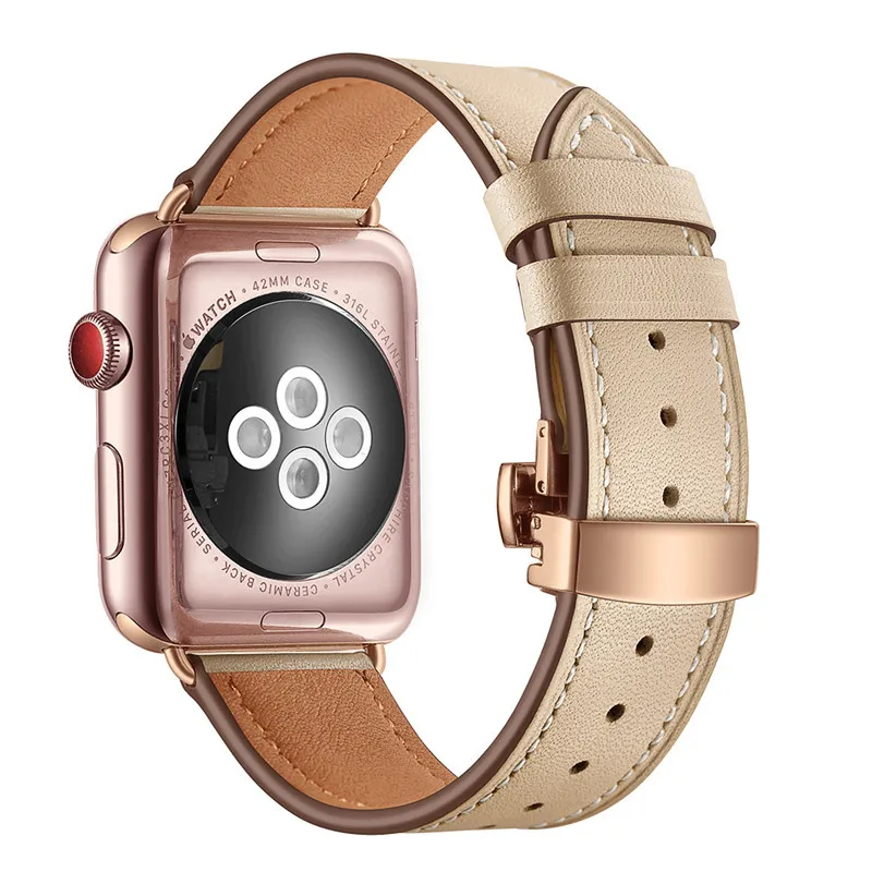 Розовое золото застежка-бабочка кожаный ремешок для наручных часов Apple Watch 38 мм 42 мм для наручных часов iWatch, мода, сменный ремешок для наручных часов, ремешок для часов