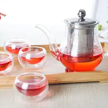 1х 6в1 чайный набор для кофе кунг-фу C-460 мл прозрачный стеклянный чайник с заваркой из нержавеющей стали+ 4* двухслойная чашка с двойными стенками+ бамбуковый поднос
