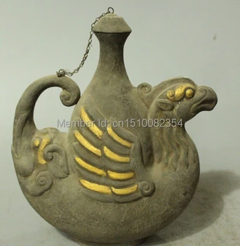 

10"Chinese Bronze Gilt Flying Bird Phoenix Elephant Wine Tea Pot Winepot Statue