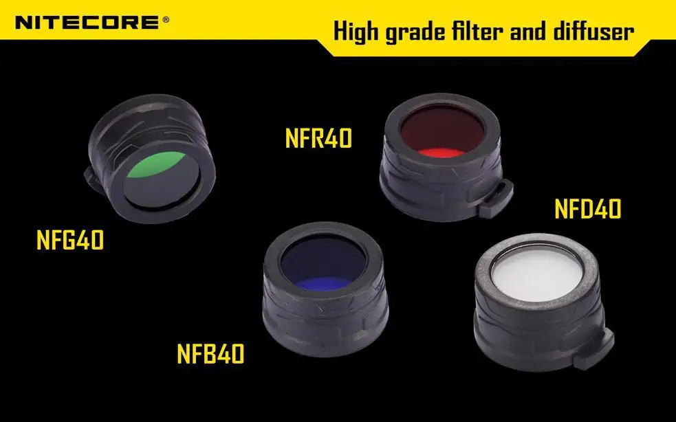 

Free shipping 1pc Nitecore Colour Filter(40mm) NFR40 NFB40 NFG40 NFD40 suitable for EA4 P25 flashlight with head of 40mm