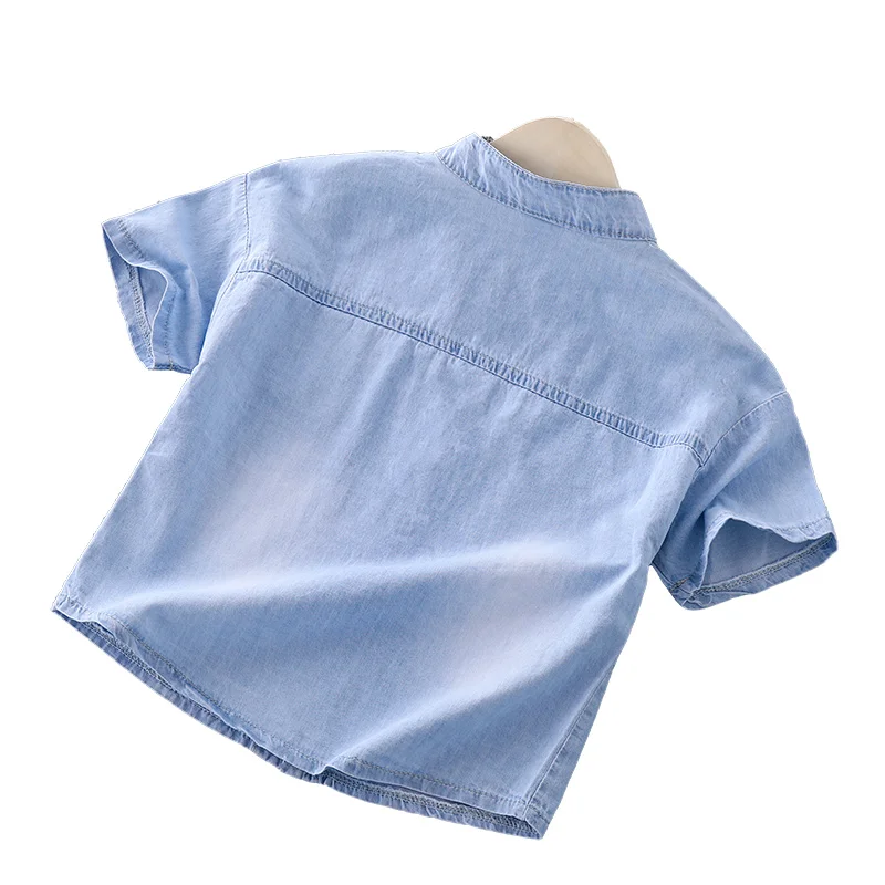 Джинсовая рубашка для мальчиков новая летняя детская джинсовая рубашка с короткими рукавами мультфильм рисунок принт легкая мягкая ткань детские джинсы рубашка 2-6