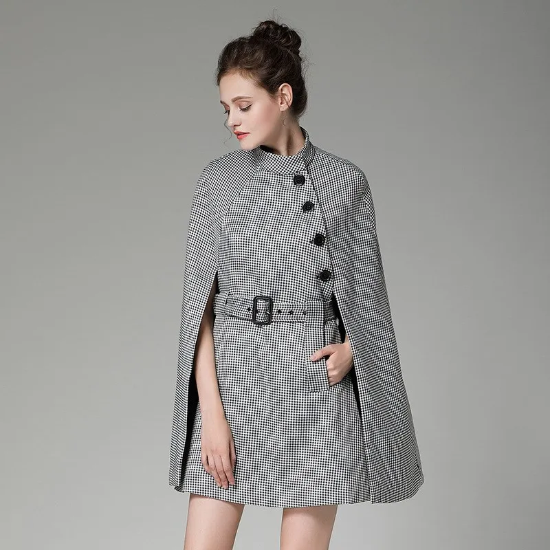 Женское винтажное шерстяное пальто в английском стиле, элегантное клетчатое пальто с рукавом летучая мышь, большой размер, плащ, изящный пояс, шерстяное пальто
