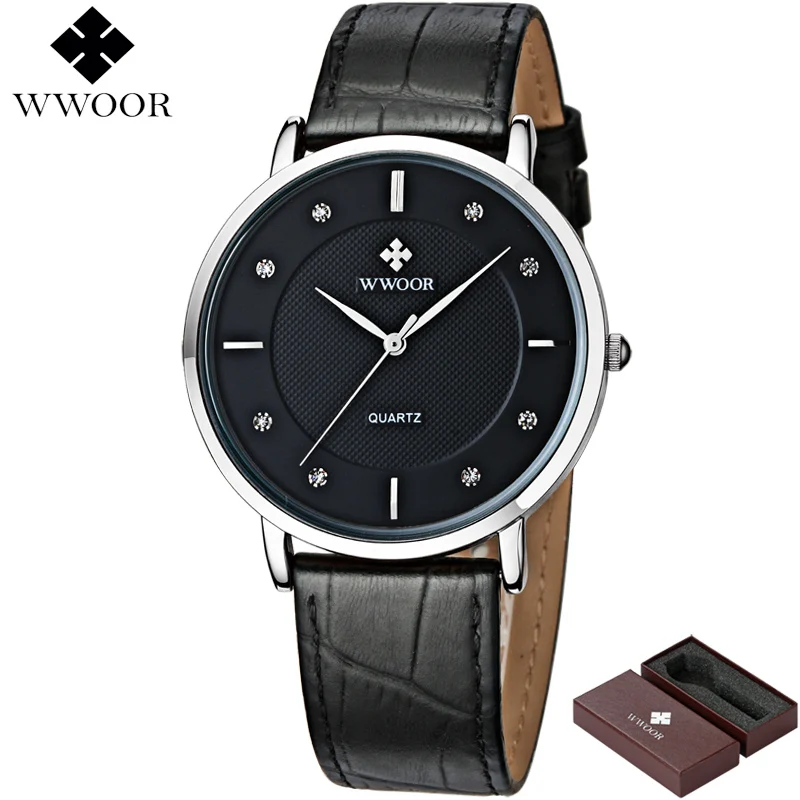 WWOOR брендовые Роскошные мужские часы водонепроницаемые ультра тонкие простые кварцевые часы мужские спортивные наручные часы с кожаным ремешком Мужские черные часы - Цвет: Черный