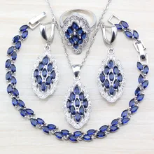 Эксклюзивные украшения 925 серебро наборы для ухода за кожей с натуральными камнями синий CZ серьги/кулон и цепочки ожерелья/браслет/кольцо для женщи