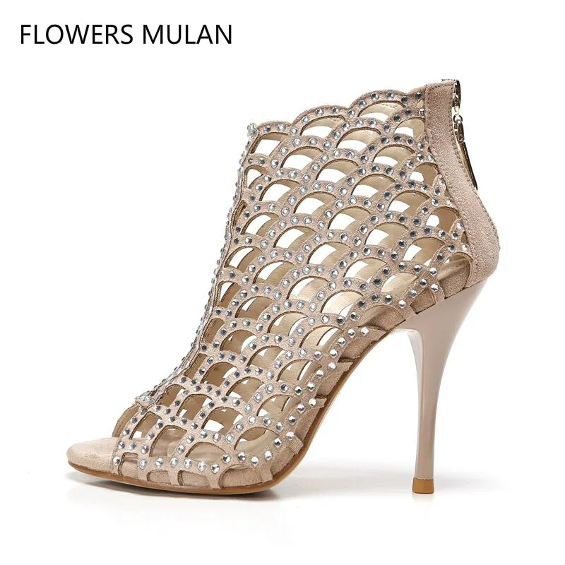 

Factory Price Women Sandals High Heels Cut Out Crystal Covered Nude Suede Women Pumps Gladiator Women Sandals Peep Toe Booties