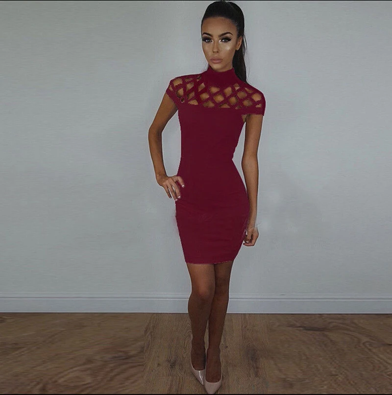 

Summer Women short sleeve Bandage Bodycon Mini Dress ladies sexy hollow out turlteneck solid pencil summer dress