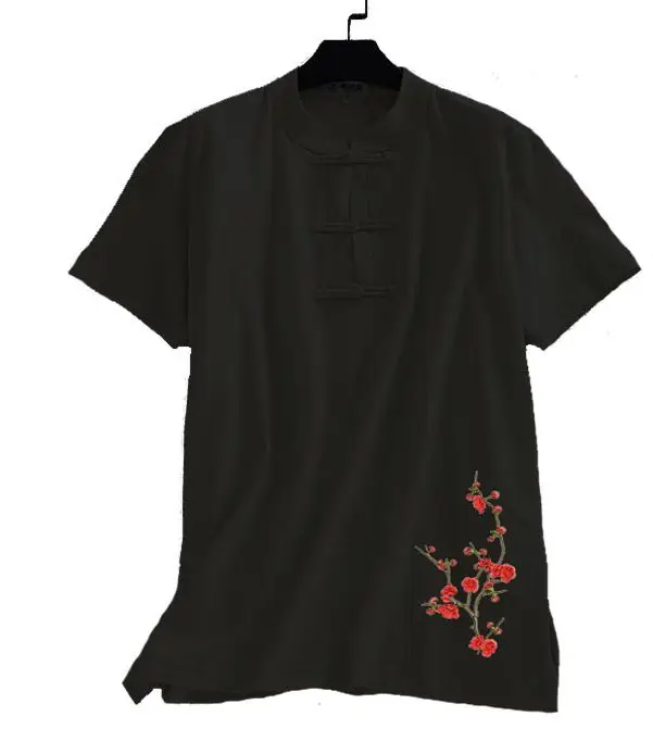 8 цветов, летний хлопок, Сливовый цветок, вышитый короткий рукав, футболки, тайцзи, ушу, Униформа, костюмы, кунг-фу, боевые искусства, рубашки - Цвет: black