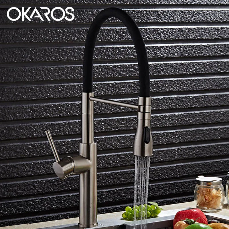  OKAROS Tall Kitchen Sink Faucet Pull Out Dual Spray Mode Nickle Brush Chef Mixer Tap 360 DegreeSwiv - 32838134814
