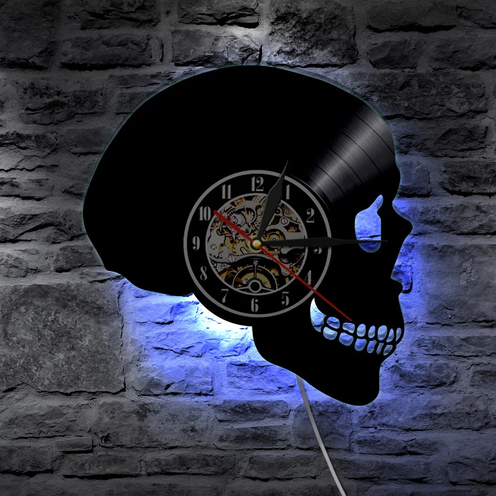 1 шт череп голова Виниловая пластинка настенные часы с изменением цвета Хэллоуин ужас Скелет голова силуэт настенный светильник декоративный светильник