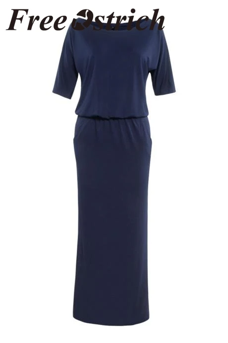 Страуса женское летнее Длинное Макси Бохо вечернее платье с карманом однотонное повседневное Модное темно-синее длинное платье для леди