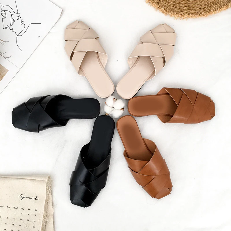 

Jookrrix 2018 Summer Girl Fashion Brand Real Leather Platform Slipper Star Adult White Shoe Women Mules Lady Cross-tied Female