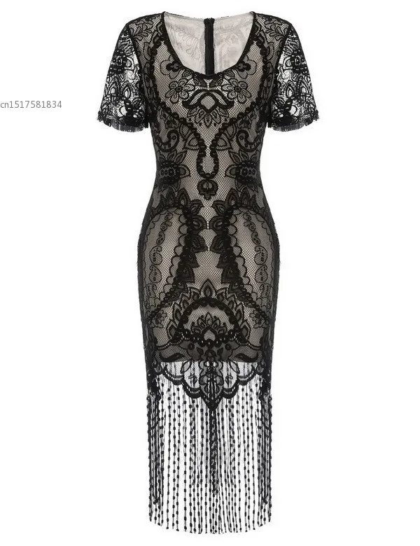 

Short Sleeve V Neck Vintage Styles Lace Patchwork Fringe Party Dress