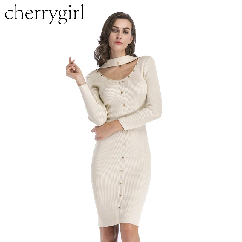 

CHERRYGIRL Winter Diamond Long Sleeve Bodycon Dress Women's Sexy Pullover Autumn Cotton Party Sweater Knitted Dress ropa mujer
