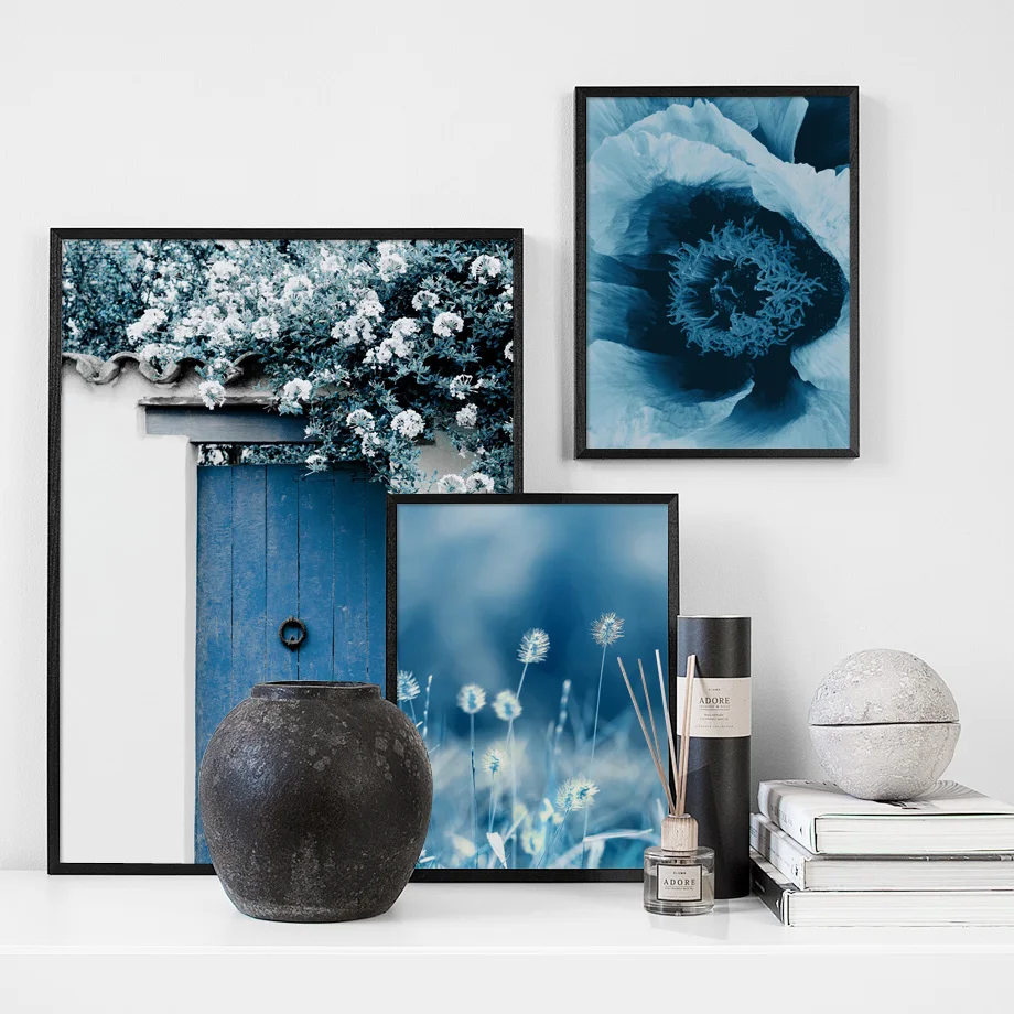 Синий цветок растения дверь цитаты стены искусства холст живопись плакаты на скандинавскую тему и принты Настенная картина с пейзажем для декора гостиной