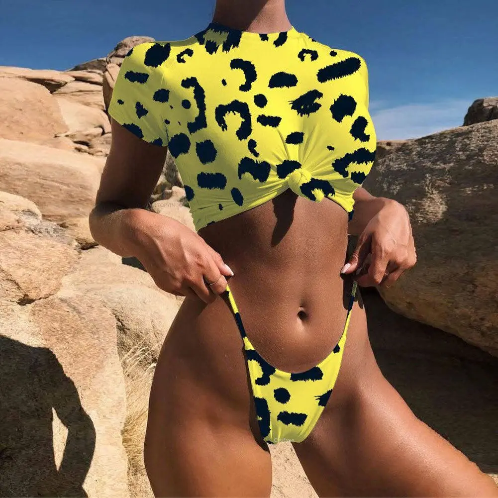 Летний сексуальный леопардовый купальник из двух частей, женский купальник бикини, купальник с узлом на груди, топы и стринги, женский купальный костюм