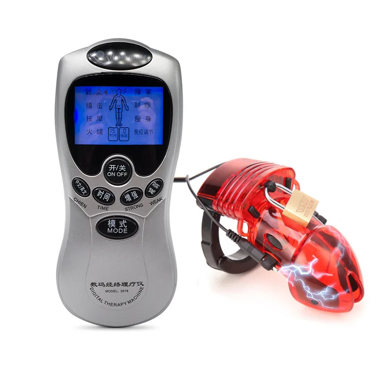 Cock cage electro shock male chastity device penis stimulation