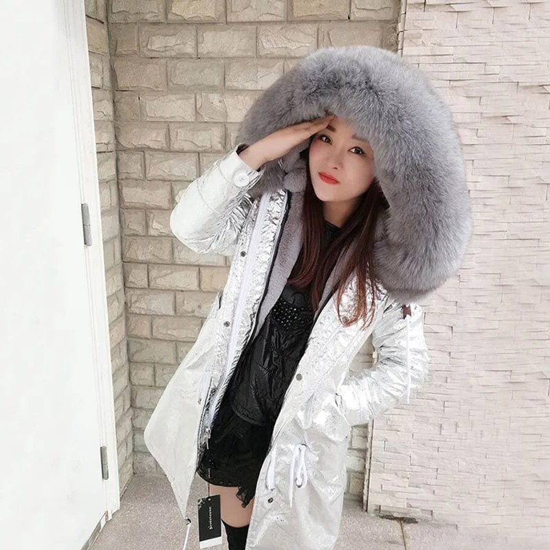 

wholesale 2019 real fox fur coat winter jacket women long parka real fox fur collar hooded outerwear streewear silver new parkas
