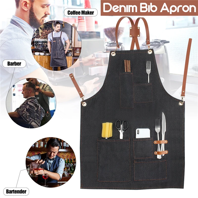 

Denim Bib Retro Aprons Leather Strap Barista Barber Bartender BBQ Chef Practical Multifunctional Workwear Uniform