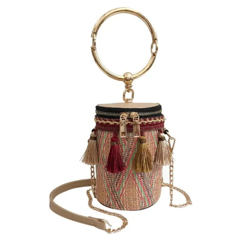 Креативная женская сумка в народном стиле цилиндрическая соломенная тканая сумка в этническом стиле с кисточками и цепочкой на молнии сумка через плечо пляжная сумка - Цвет: Красный