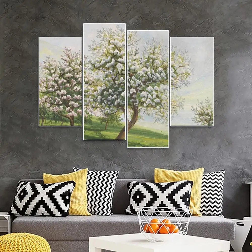

Laeacco Vintage 4 Panel Spring Floral Tree Wall Artwork Posters Prints Canvas Painting Nordic Home Living Room Decoration