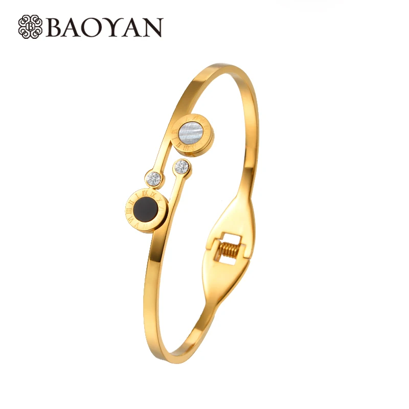 

Baoyan Black White Shell Cubic Zirconia Setting Bracelet Bangle For Women Gold Stainless Steel Jewelry Rhinestone Bangles Women