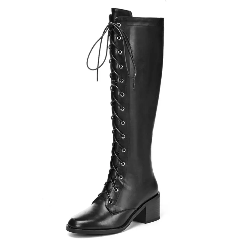 

Punk Goth Cosplay Woman Boots Luxury Genuine Leather Knee High Boots Women Cross-tied High Boots Black Combat Boots