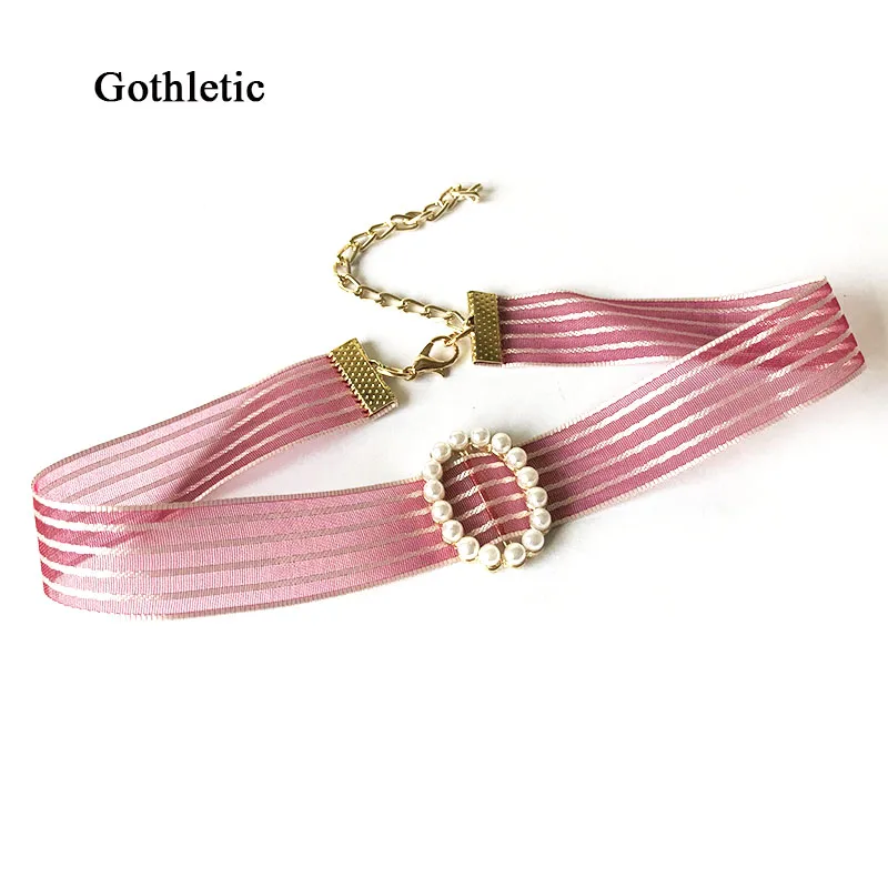 

Gothletic Pink/Black Lace Choker Strip Sheer Fabric Necklace Pearl Embellished Oval Circle Charm Collar Necklace Women Jewelry