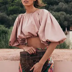 2019 летнее соблазнительное с открытой спиной пляжное Новое модное дизайнерское модная Блуза женская с рукавом-фонариком с открытой спиной