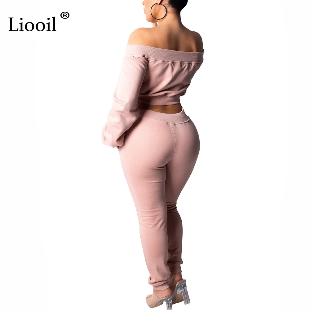 Liooil Off Shoulder 2pcs Active Set Women Outfits Sweatshirt Long Sleeve Crop Top And Pants Lace-Up Track Suits Woman Sets