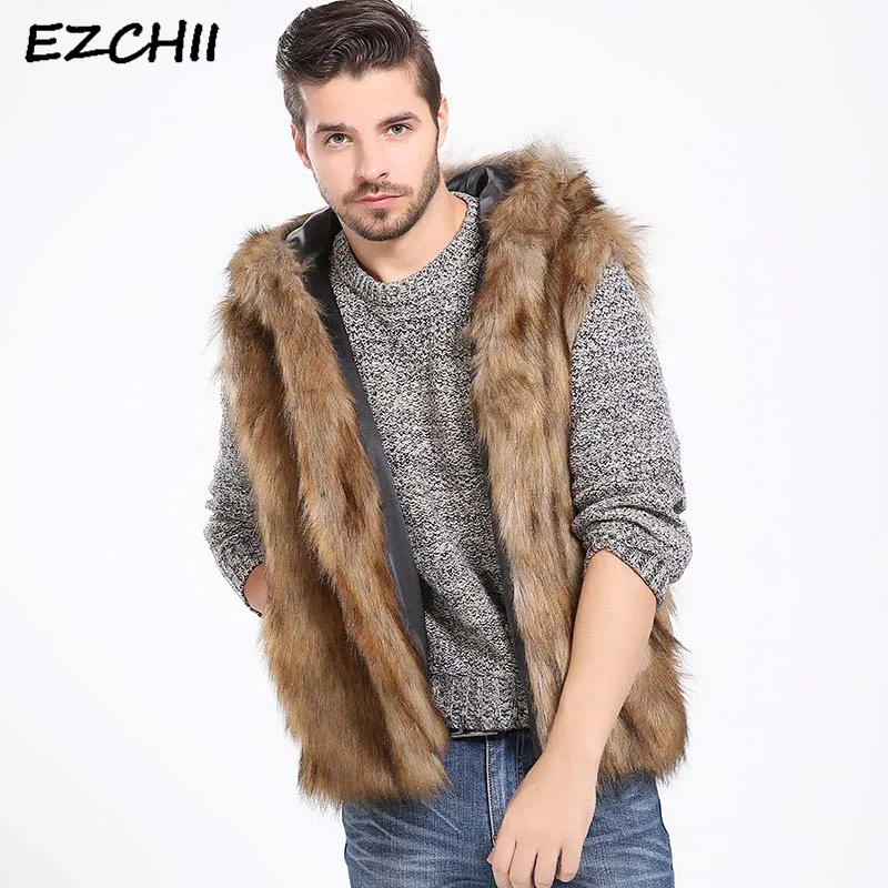 Faux Fur Vest Hoodie Hooded Waistcoats Men Winter Thicken Warm Hairy