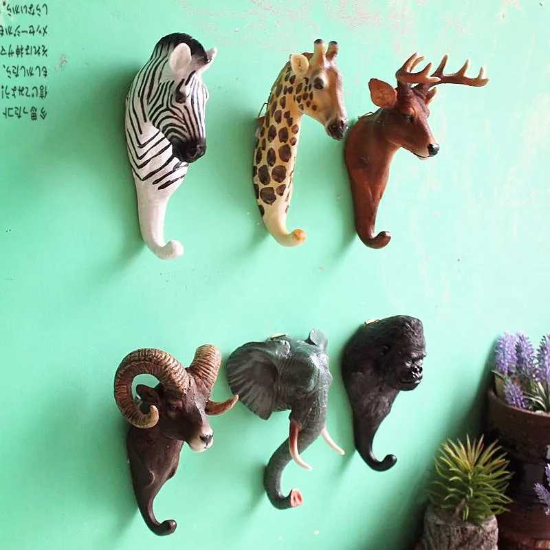 Animal Head Hook Clothes Robe Key Holder Hat Hanger Wall Decoration Deer Elephant Zebra Giraffe Designs Retro Wall Ornament  (7)