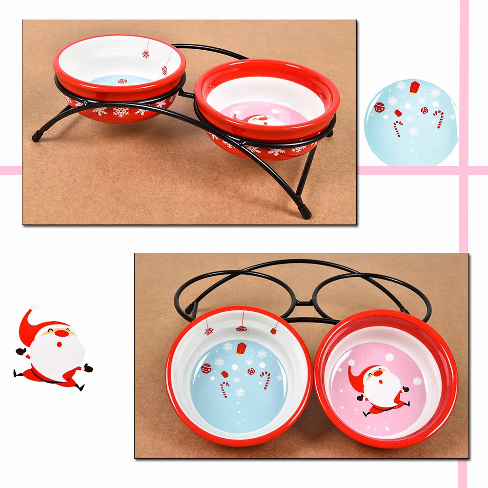 

Double Ceramics Dog Cat Pet Bowl Print Santa Claus Food Dish Non Slip Food Water Dual-use Feeding Dish Christmas Pet Supplies